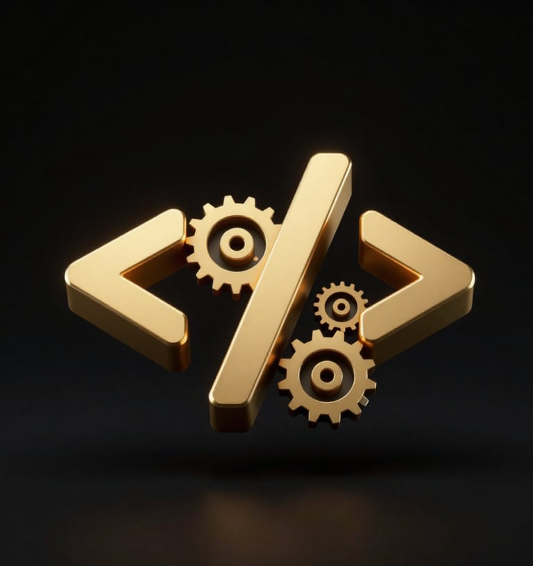 Golden 3D code brackets and gears representing software development and automation on a black background.