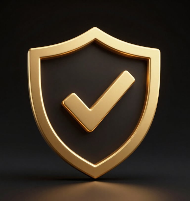 Golden 3D shield with a checkmark symbol representing secure protection and verified safety.