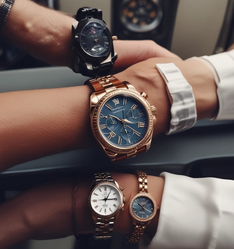 An assortment of luxury watches, featuring Rolex and Omega, arranged neatly on a velvet cushion.