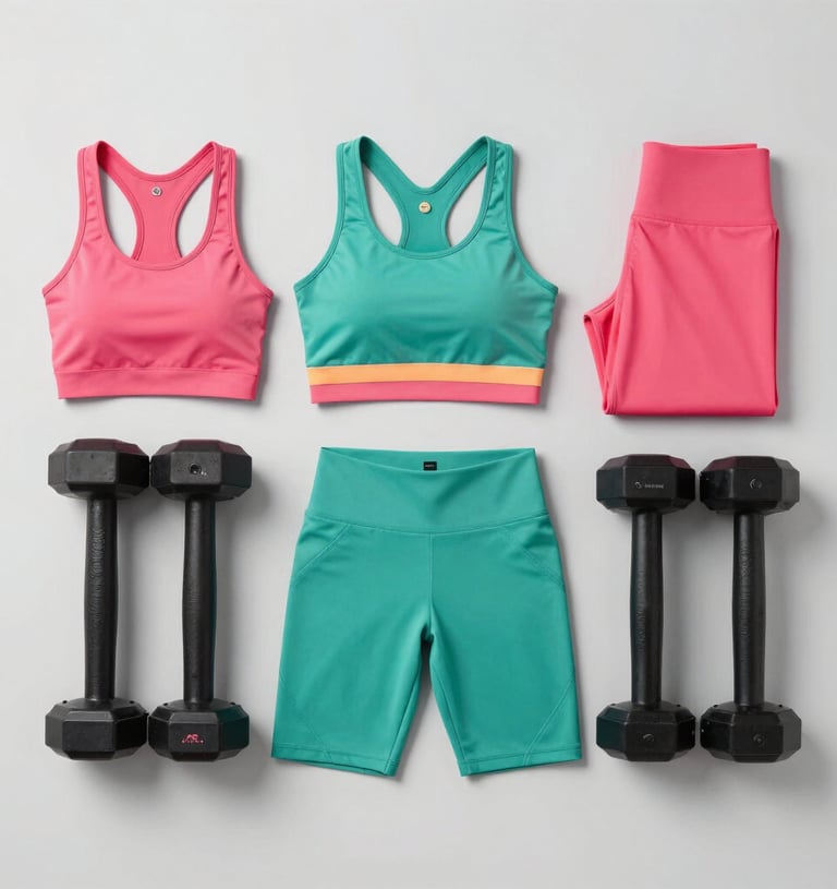 Vibrant workout gear and fitness accessories laid out neatly