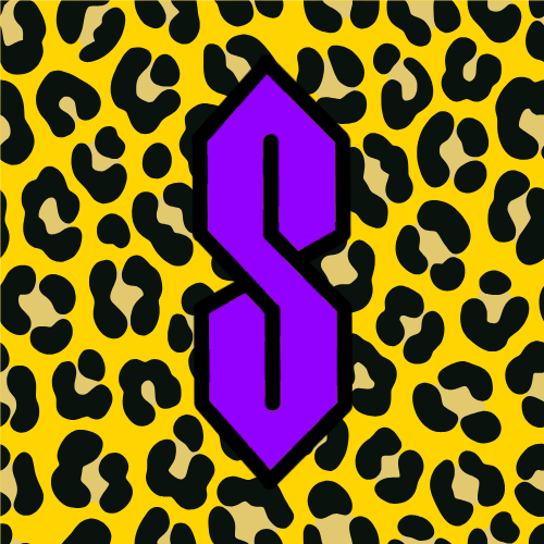 Purple geometric Cool S graffiti symbol centered on a yellow leopard print pattern background.