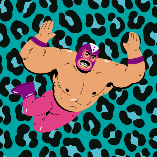 Illustration of a muscular Lucha Libre wrestler flying against a teal leopard print background.