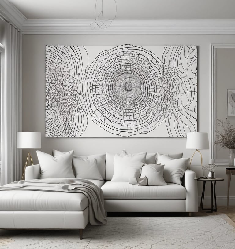 A cozy living room scene featuring digital art prints on the walls and stylish home decor items.