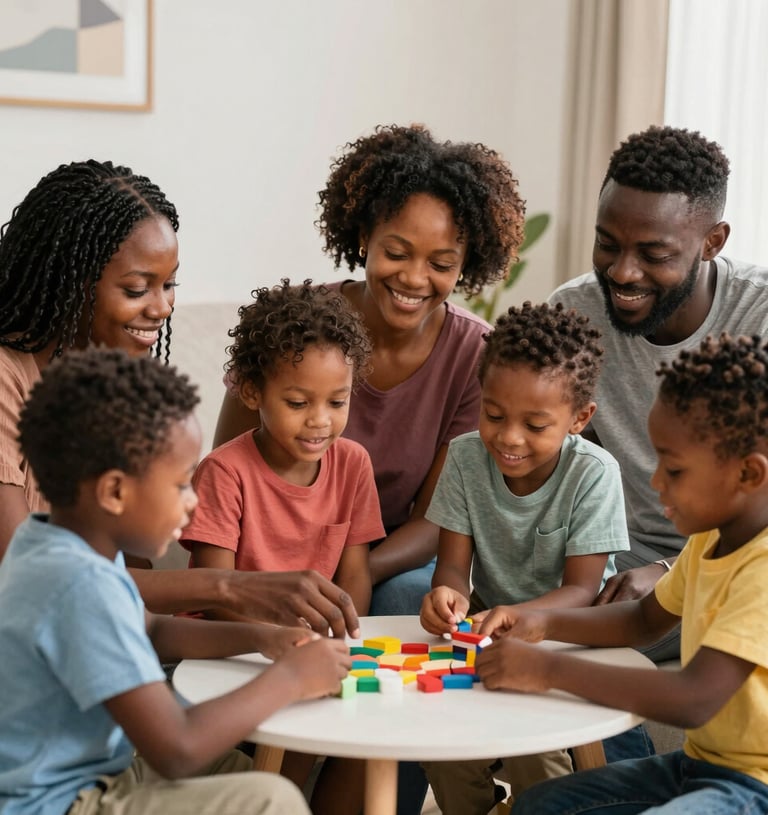 Smiling parents and children exploring Korede International toys together in a cozy home setting.