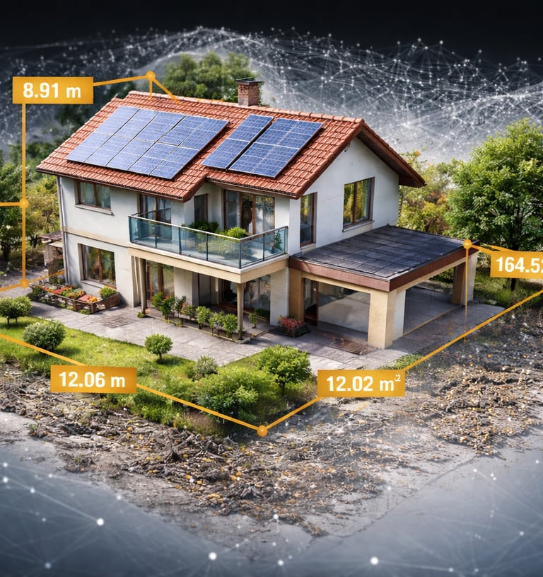 Digital 3D model of a modern house with solar panels and property dimension overlays.