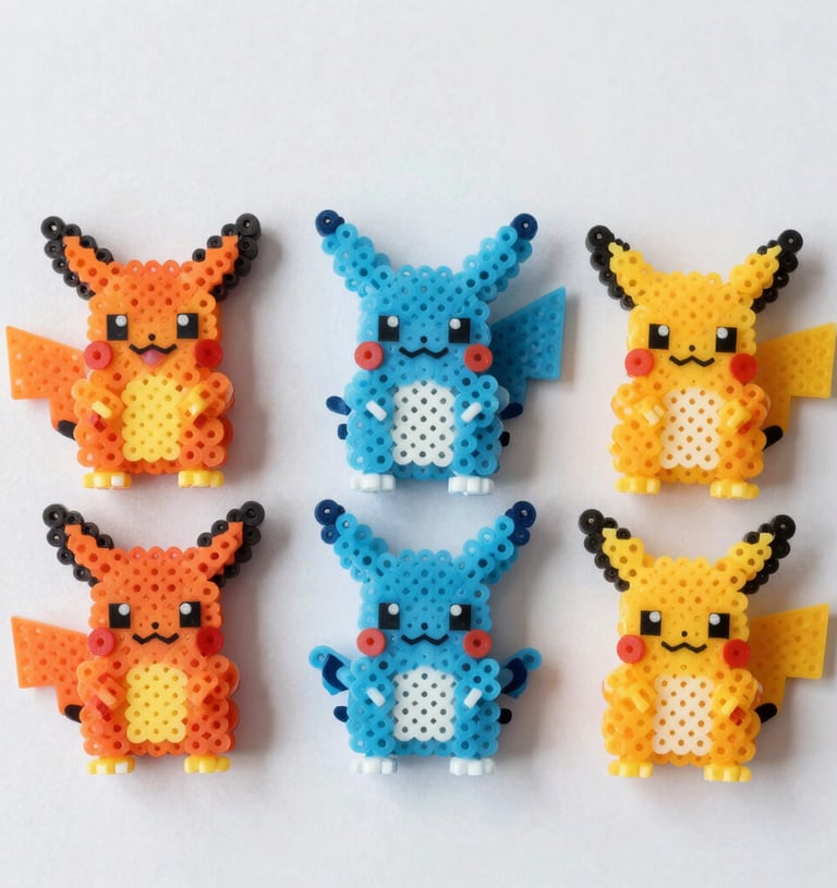 A collection of vibrant perler art gifts displayed on a rustic wooden table