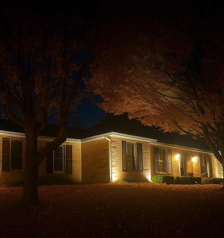 upward landscape lighting on a house at night in fall