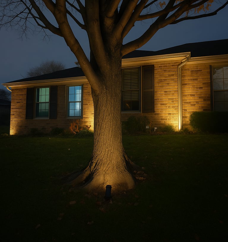 Landscape lighting on a tree and house emphasizing how the shadows improve the house