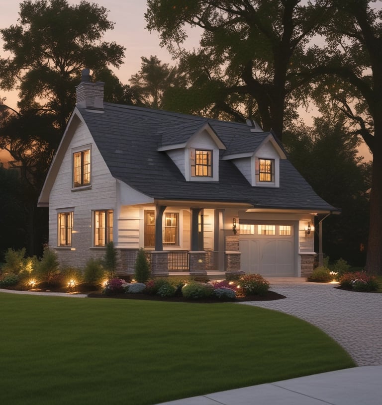 A house at dusk that has landscape lighting both on the house and on the front walkway