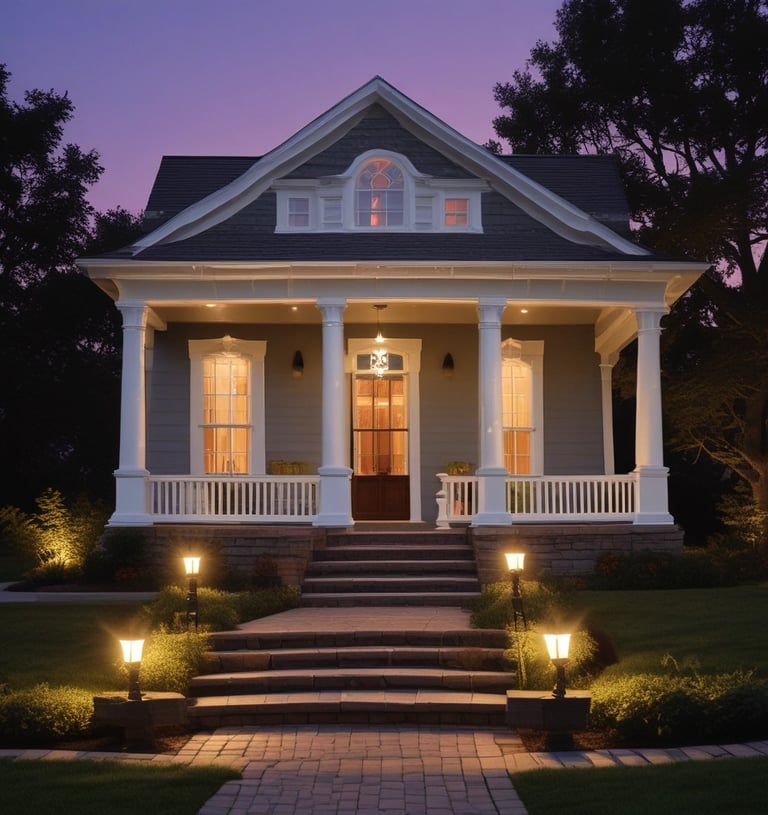 A lit pathway to a house emphasizing the the landscape lighting.