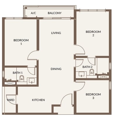 Bukit Chagar Living Type C layout – 2 bedrooms, 2 bathrooms, 1 balcony apartment