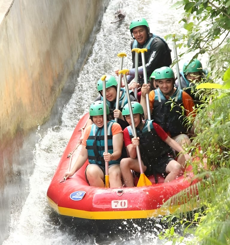 a group of people on a raft raft rafting down a river