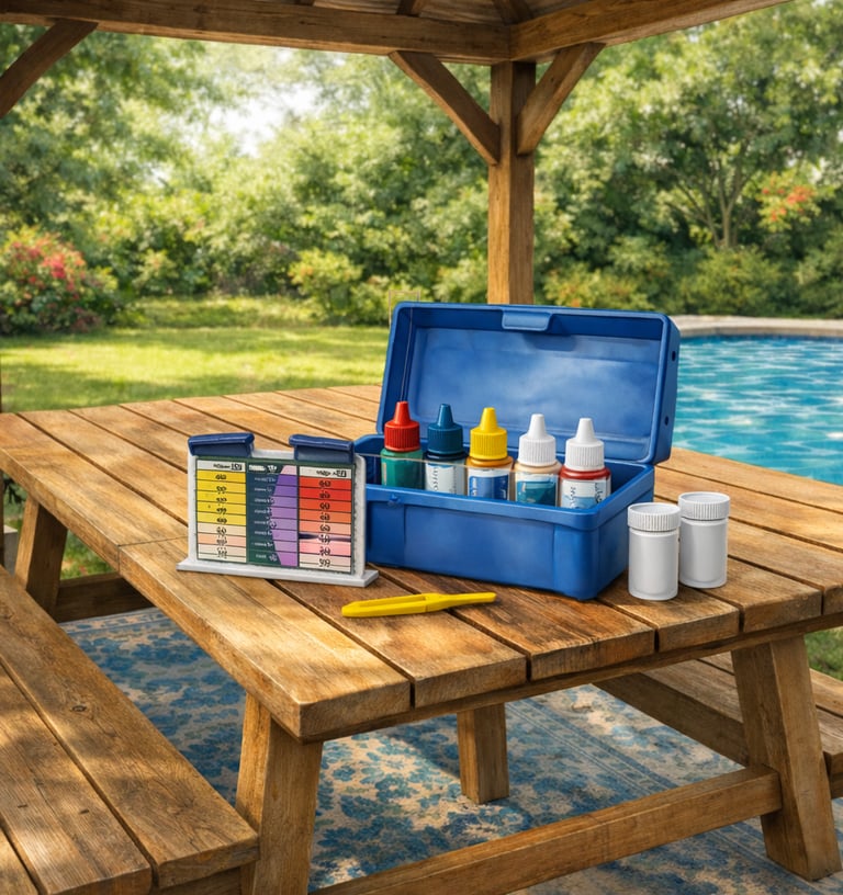 A swimming pool water testing kit with chemical reagents and a color comparator on a wooden table.