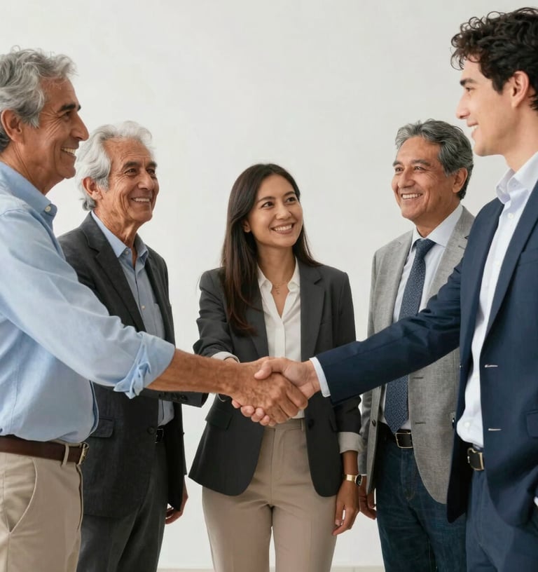 A professional shaking hands with a candidate in a modern office setting.