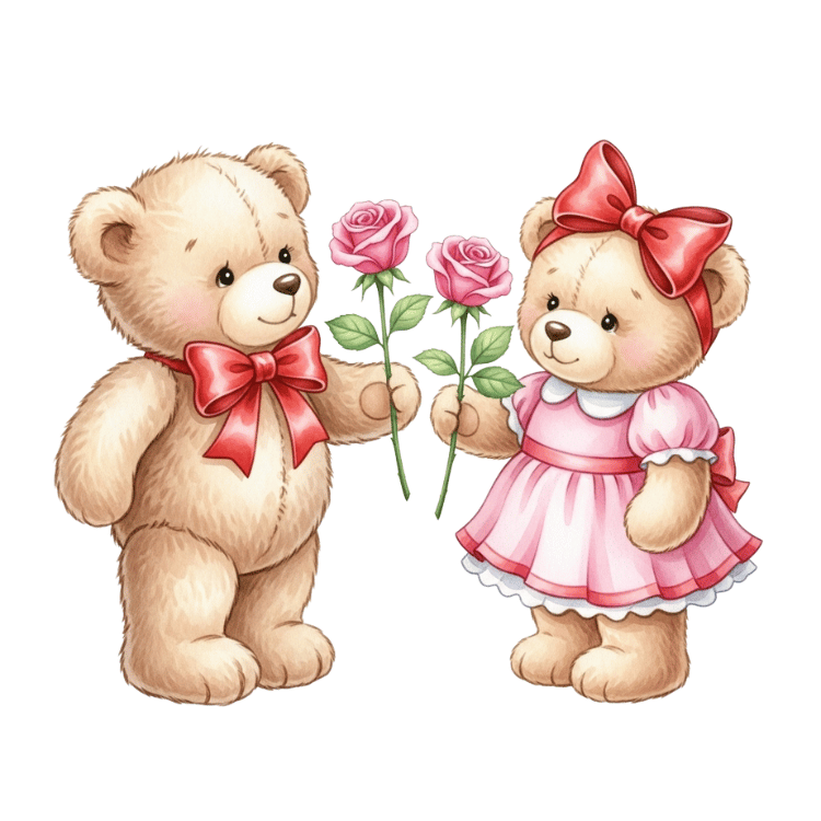 a teddy bear with a pink rose in its hand