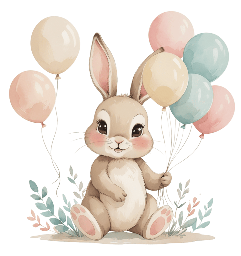 Cute watercolor bunny holding pastel balloons, sitting among soft leaves.