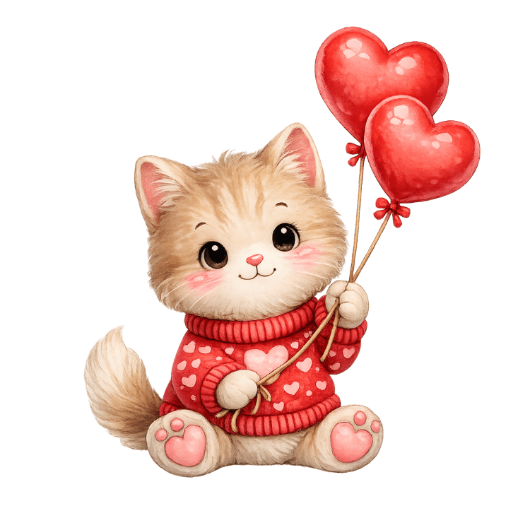 a kitten with a heart shaped balloon attached to a cat