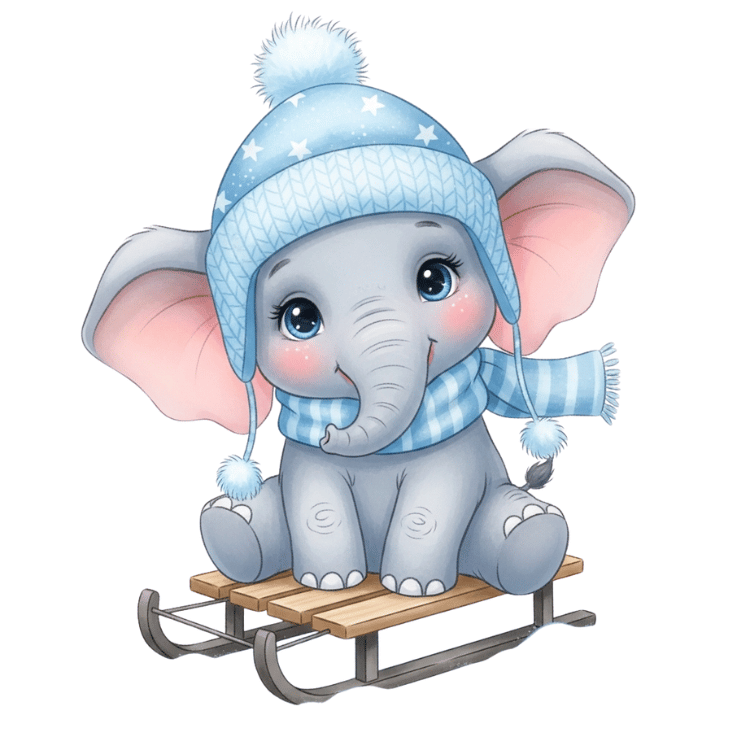 a baby elephant sitting on a sled with a blue hat