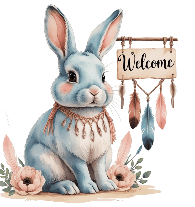 a rabbit rabbit with a welcome sign on a white background