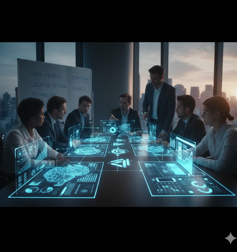 a group of people sitting around a table with a table with a laptop and a