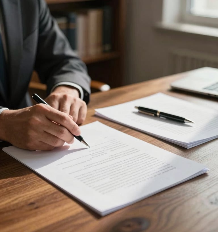 Close environmental shot of an attorney's desk mid-work — a hand resting near a signed document, a pen placed across a contract page, natural window light falling across the paper surface, warm tones, slightly wide angle capturing the desk corner and a blurred background of bookshelves