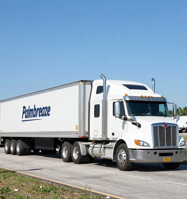 A powerful semi-truck cruising along a sunlit Florida highway with palm trees lining the road.