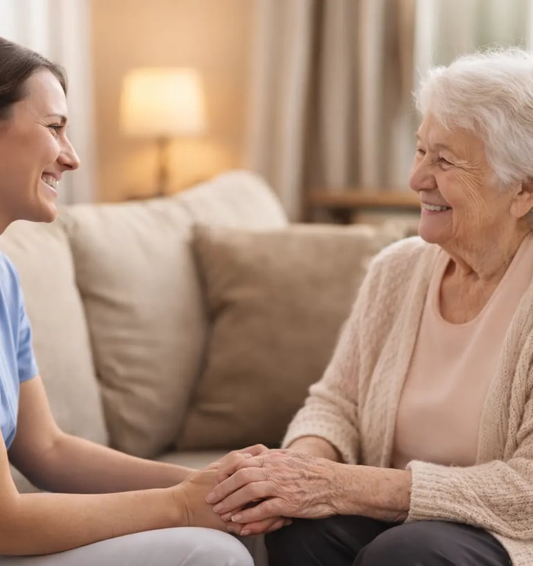 Aidante échangeant avec une personne âgée à domicile à Nantes dans un salon chaleureux