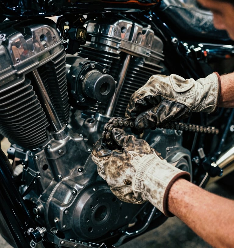Close-up portrait of grease-stained hands of a mechanic, wearing a leather work glove, expertly adjusting a primary chain on a Harley-Davidson engine, high-contrast workshop lighting, metallic glints, raw textures, 35mm film style.