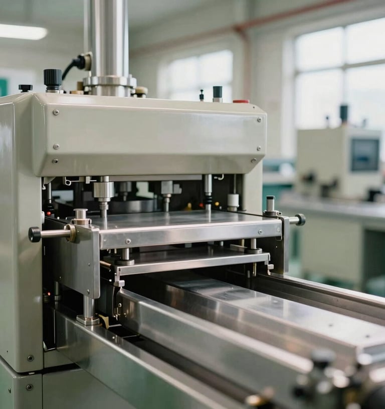 Close-up of clean, gleaming stainless steel processing lines and industrial machinery in a modern, brightly lit factory interior. Cool-toned industrial light, sharp focus, 35mm.