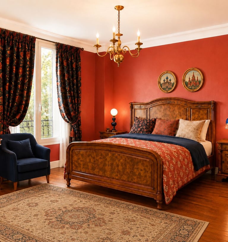 Chambre classique aux murs rouges avec un grand lit en bois marqueté, un fauteuil bleu, un tapis et 