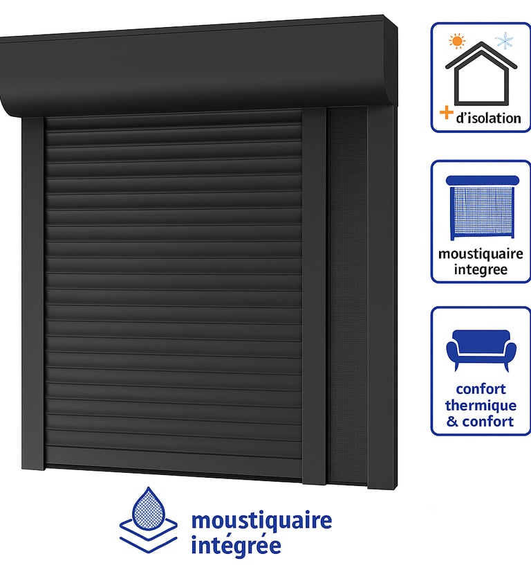 Volet roulant gris avec moustiquaire intégrée et pictogrammes confort et isolation