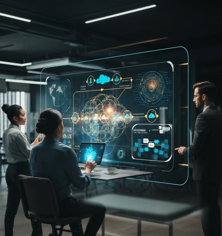 Verve Phoenix team crafting an IT roadmap on a holographic screen in a modern, high-tech office setting.