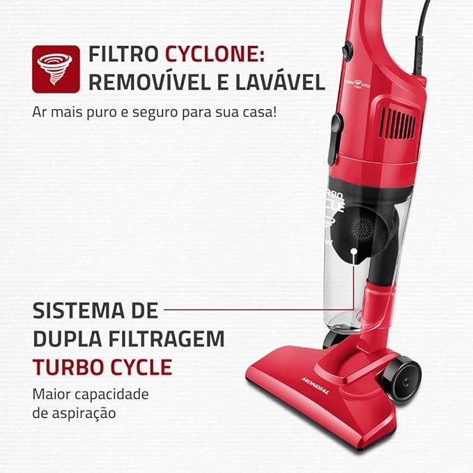 Mondial red upright vacuum cleaner with removable cyclone filter and double filtration system.