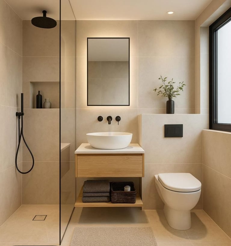 Modern bathroom with a glass walk-in shower, floating wood vanity, vessel sink, and black fixtures.