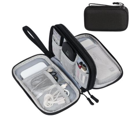 Compact double-layer waterproof cable organizer case for travel electronics and cords.