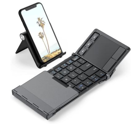 Tri-fold Bluetooth keyboard with touchpad, syncs to 3 devices.
