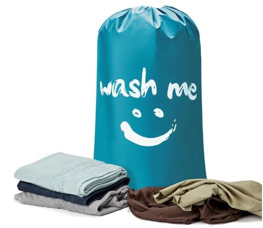 28x40 inch rip-stop laundry bag with drawstring, holds 3-4 loads, odor-blocking.
