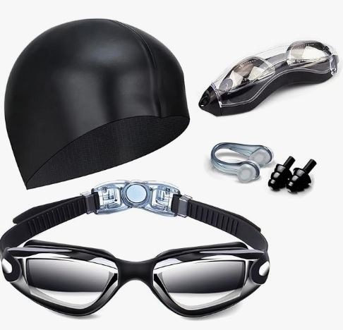 Swimming goggles with nose clip, earplugs, swim cap, and case for men and women.