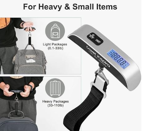 Digital hanging luggage scale for preventing overweight baggage fees.