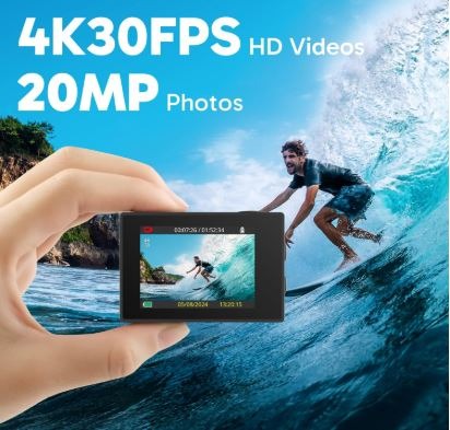 4K waterproof action camera with Wi-Fi and wrist remote.