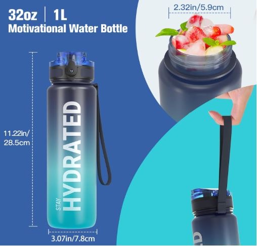 Clear water bottle with time markers and flip-lock lid.