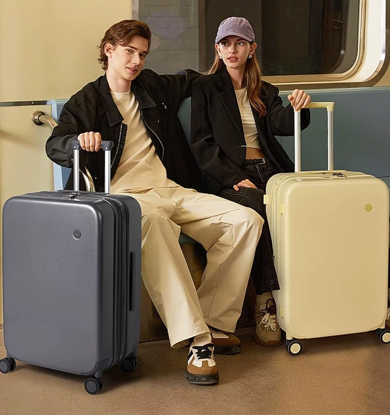 Expandable carry-on luggage set with 360-degree spinner wheels, TSA-approved lock.