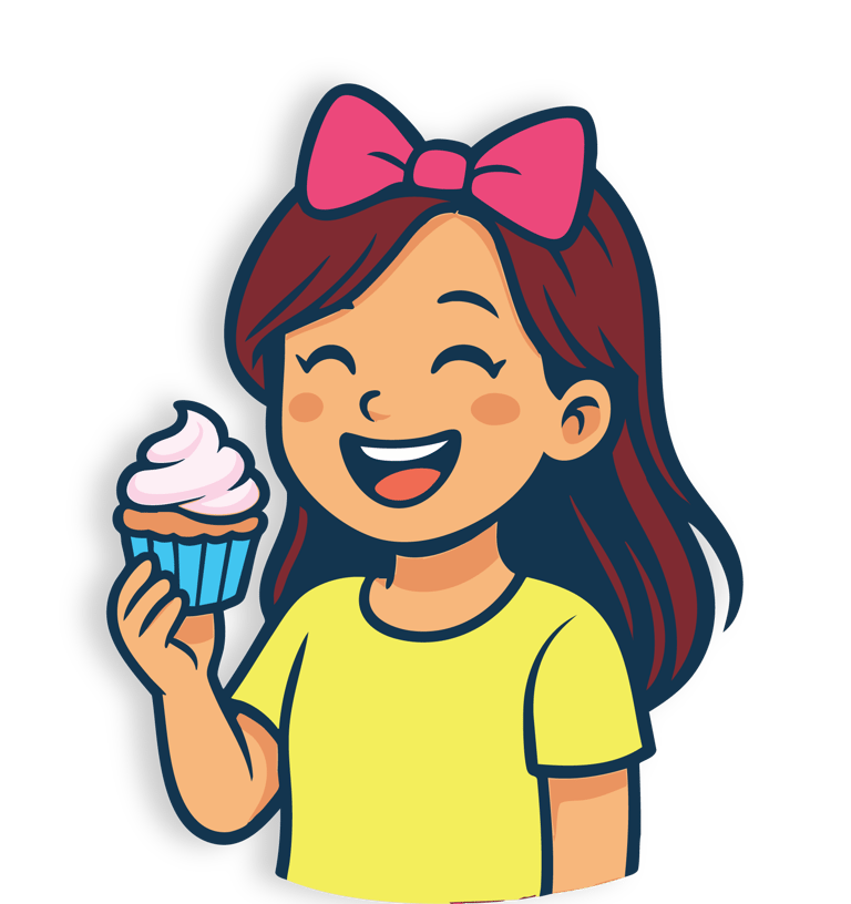 Carton girl laughing holding a cupcake to her face