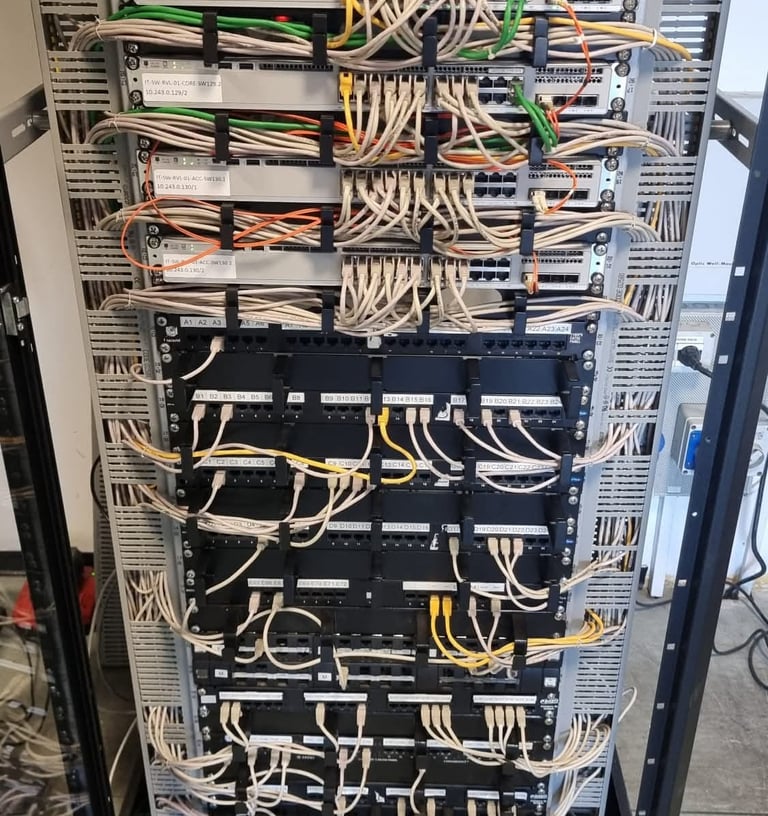 Armadio rack con cablaggi e centraline per impianto di sicurezza