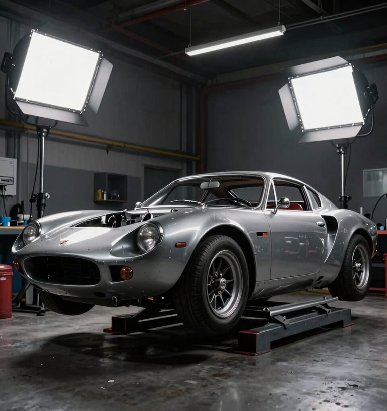 Low-angle environmental shot of a clean, gritty European racing workshop, a classic sports car chassis on a lift, dramatic studio lighting, 50mm lens