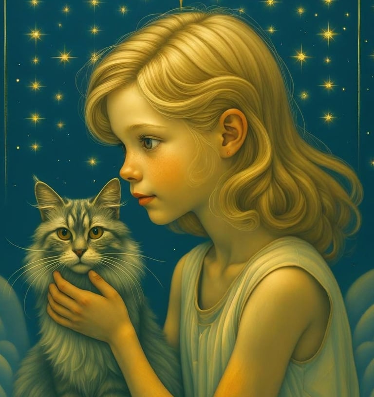 Fantasy book cover of Flickering Star Cat featuring a blonde girl holding a fluffy grey cat under a starry sky.