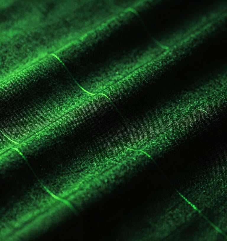 Extreme close-up of technical fabric texture, showing sweat-wicking properties, with subtle neon green rim light on the fibers and deep shadows.