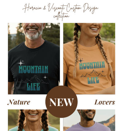 a man and woman wearing mountain themed tshirt