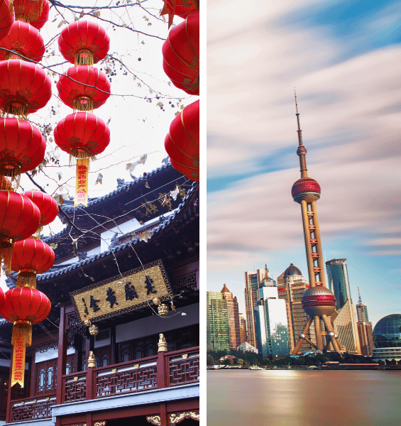Vista de Xangai mostrando o contraste entre modernidade e história, escala de cruzeiros pela Ásia