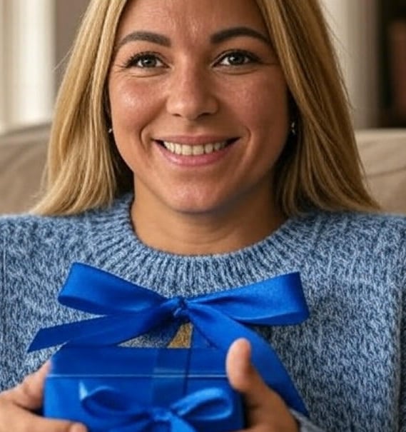 a woman holding a blue present box, launch your online presence